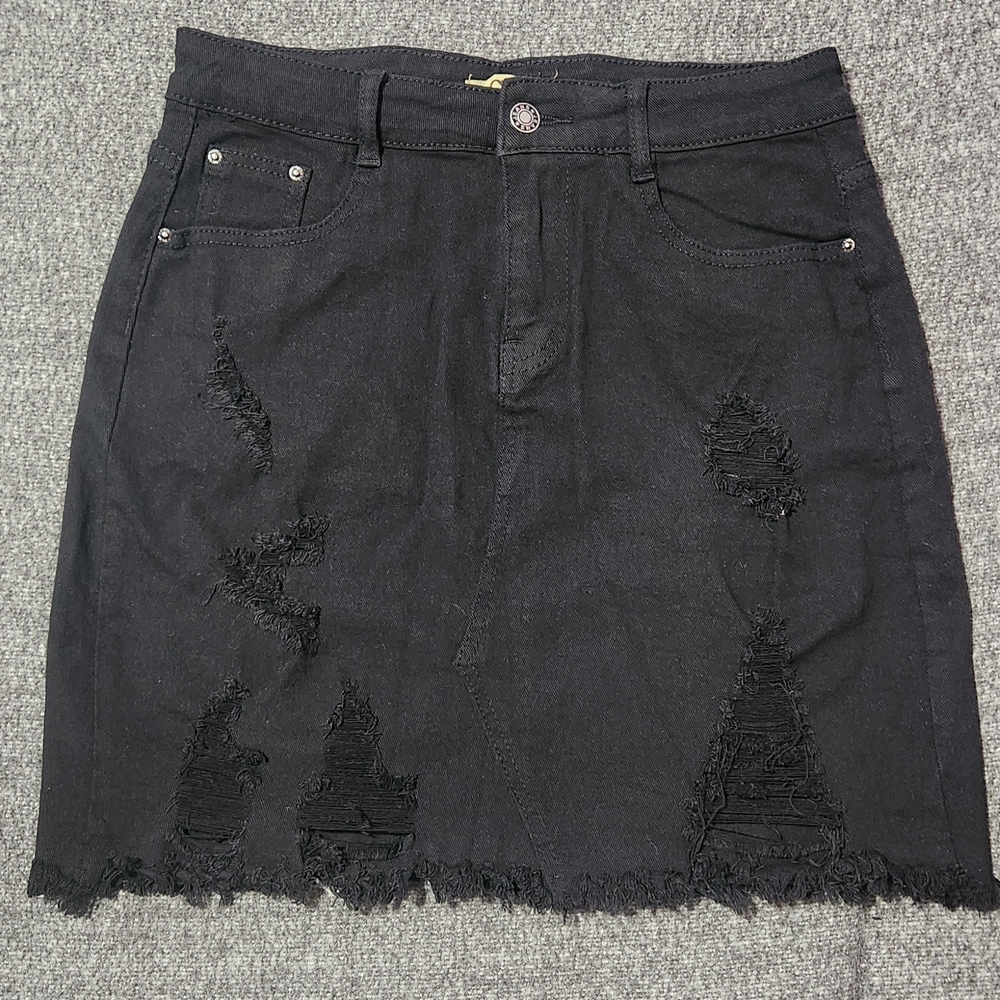 Black Distressed Denim Skirt